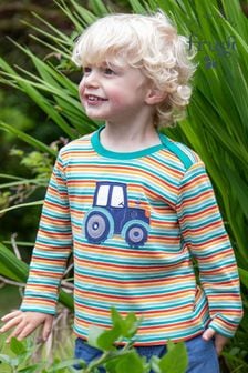 Frugi Boys Green Multi Stripe Tractor Applique Top (E74467) | $52 - $61