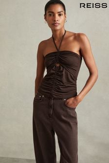 Reiss Chocolate Solare Ruched Halterneck Top (E75746) | $138