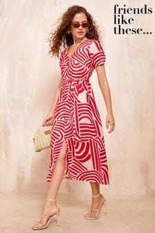 Friends Like These Red Short Sleeve Midi Belted Shirt Dress (E75999) | INR 6,283