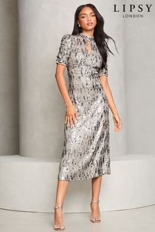 Lipsy Silver Sequin Underbust Keyhole Midi Dress (E76359) | $124