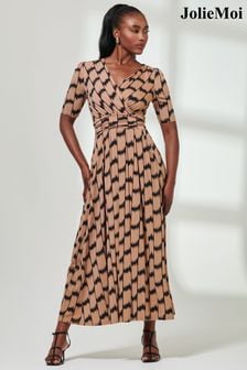 Jolie Moi Blue/Brown Karmie Jersey Pleated Maxi Dress (E76429) | SGD 153