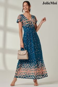 Jolie Moi Blue Ombre Floral Print Mesh Maxi Dress (E76443) | 322 QAR