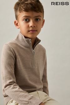 Reiss Wheat Melange Blackhall 9-13 yrs Merino Wool Half-Zip Funnel Neck Jumper (E76655) | $67