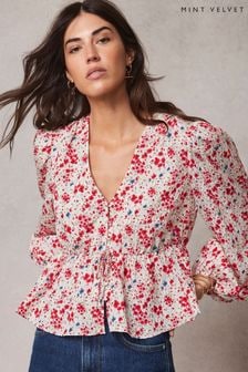 Mint Velvet Red White Floral Print Blouse (E76945) | $135