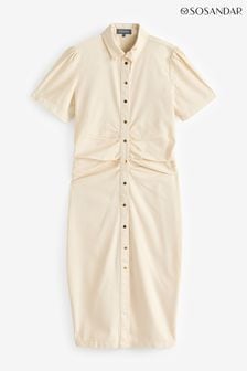 Sosandar Cream Ruched Waist Popper Front Denim Dress (E78090) | €113