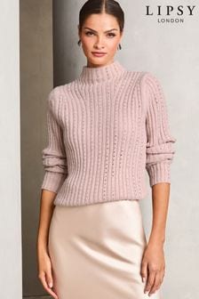 Розовый - Lipsy Embellished Line Ribbed Roll Neck Knitted Jumper (E79003) | €75