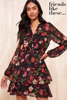 Friends Like These Black Petite Long Sleeve Printed Chiffon Mini Dress (E80032) | kr700