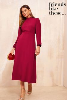 Rot - Friends Like These High Neck Long Sleeve Midi Dress With Bow Detailing (E80034) | 70 €