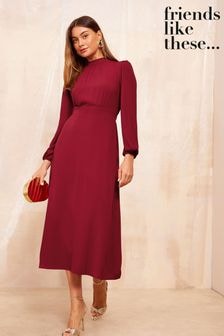 Friends Like These Red High Neck Long Sleeve Midi Dress with Bow Detailing (E80034) | $79