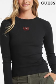 GUESS JEANS Black 100% Cotton Embroidered Logo Long Sleeve T-Shirt (E80819) | $60