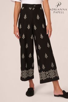 Adrianna Papell All Over Embroidered Wide Leg Black Trousers With Back Pockets (E80937) | ‏297 ‏₪