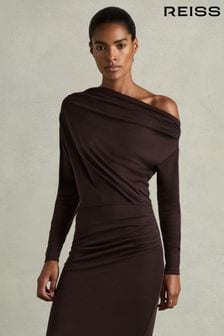 Reiss Brown Fleur Petite Off-The-Shoulder Ruched Jersey Midi Dress (E82408) | €222