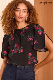 Love & Roses Black Floral Flutter Sleeve Blouse (E82477) | $67