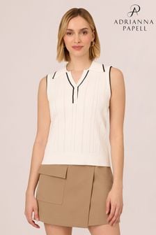 Adrianna Papell Sleeveless Open Y-Polo Mix Rib Cable Tipped White Sweater (E82485) | €50