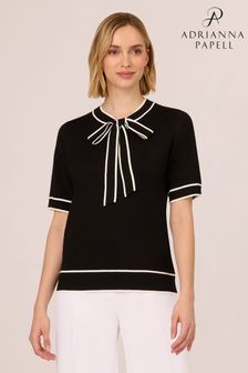 Adrianna Papell Tie Neck Tipped Short Sleeve Black Sweater (E82486) | $84