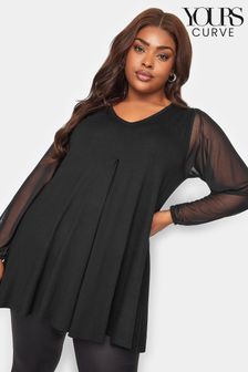 Yours Curve Black Long Sleeve Mesh Pleated Swing Top (E83117) | 172 SAR