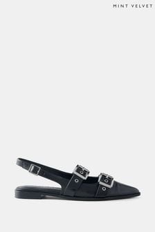Mint Velvet Black Leather Buckled Flat Shoes (E83504) | €172