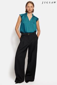 Jigsaw Blue Recycled Satin Frill Neck Top (E84252) | ₪ 478