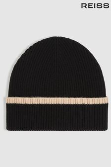 Reiss Black/Camel Hattie Rib-Knit Tipped Beanie With Cashmere (E84659) | $85