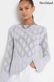 River Island Silver Crochet Tie Back Long Sleeve Top (E85893) | kr700