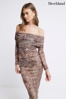 River Island Printed Bardot Mesh Midi Dress (E85905) | ‏226 ‏₪