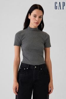 Gap Grey Modern Cotton-Modal Ribbed Mock Neck Short Sleeve T-Shirt (E86563) | kr420