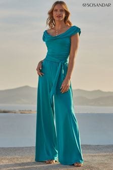 Sosandar Green Cowl Neck Tie Waist Wide Leg Jersey Jumpsuit (E86870) | SGD 165