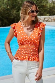 Sosandar Spot Print Shirred Detail Frill Trim Top (E86880) | €60