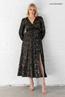 Lovedrobe Wrap Front Long Sleeve Midaxi Black Dress (E88271) | $87