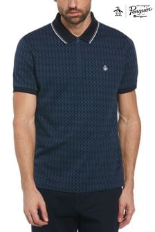 Original Penguin Blue Argyle Jacquard Quarter Zip Neck 100% Cotton Polo Shirt in Sargasso Sea (E89236) | $129