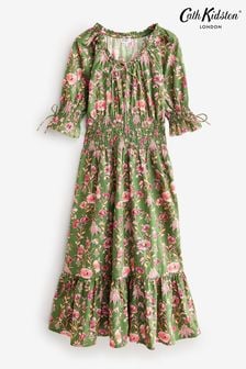 Cath Kidston Green Floral Shirred 100% Cotton Dress (E89525) | $103