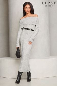 Lipsy Grey Foldover Bardot Ribbed Knitted Jumper Dress (E89759) | €82