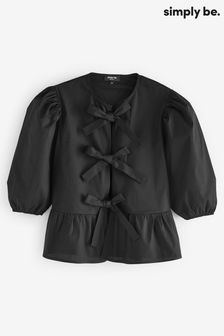 Simply Be Black Tie Front Puff Sleeve Blouse (E91285) | $55