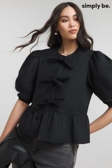 Simply Be Black Tie Front Puff Sleeve Blouse (E91285) | $55