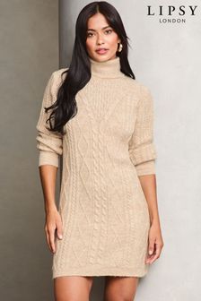 Lipsy Beige Petite Cable Cowl Knitted Jumper Dress (E91775) | kr900