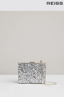 Reiss Silver Greta Glitter Box Clutch Bag (E92563) | $209