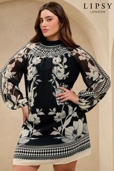 Lipsy Monochrome Curve Floral Border Print Long Sleeve Shift Dress (E93544) | $98