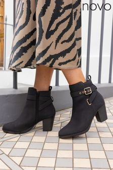 Novo Black Wide Fit Jayda Buckle Detail Heeled Boots (E94154) | $72