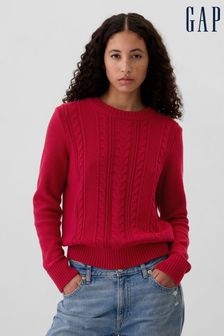 Red cotton cable knit sweater deals