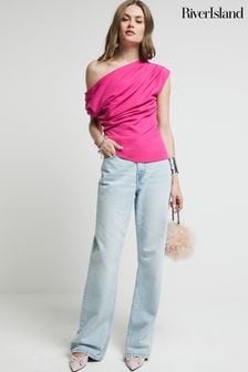 River Island Pink Bright Off Shoulder Drape Top (E96761) | $60