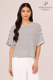 Adrianna Papell Printed Cropped Knit Dolman Roll Sleeve White Top With Button Back (E98482) | ‏196 ‏₪