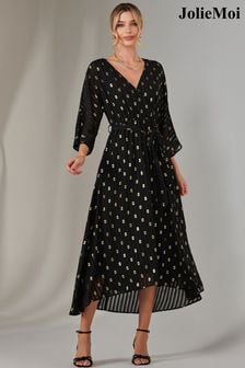 Jolie Moi Black Plain Gold Spot Chiffon Dress (F07228) | $129