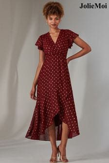 Jolie Moi Red Metallic Spot Textured Chiffon Maxi Dress (F07229) | $129