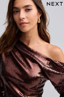 Brązowy - Sequin Longsleeve Drape Top (F47388) | 240 zł