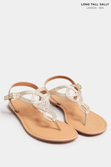 Long Tall Sally LTS Gold Leather Swirl Toe Post Flat Sandals In Standard Fit