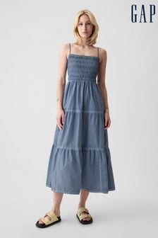 Gap Blue Cotton Smocked Tiered Midi Dress (H46388) | €79