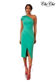 Chi Chi London Lime Green One Shoulder Wrap Detail Midi Dress (K00035) | $108