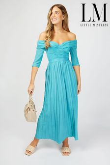 Little Mistress Turquoise Blue Bronte Bardot Cupped Pleated Maxi Dress (K00283) | €47