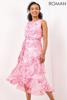 Roman Pink Petite Paisley Print Dipped Frill Hem Dress (K00594) | kr779