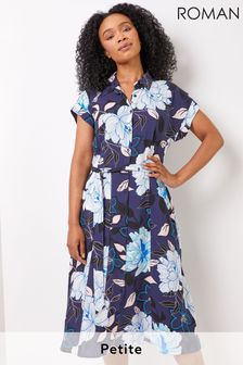 Roman Blue Petite Floral Print Belted Shirt Dress (K00605) | ₪ 177